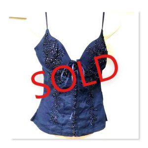 Dark blue beaded Corset style women's top, sz M